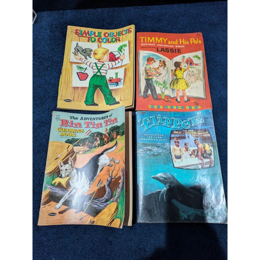 Vintage Whitman Coloring Books Lot 4 Flipper Rin Tin Tin Lassie Simple Objects‎